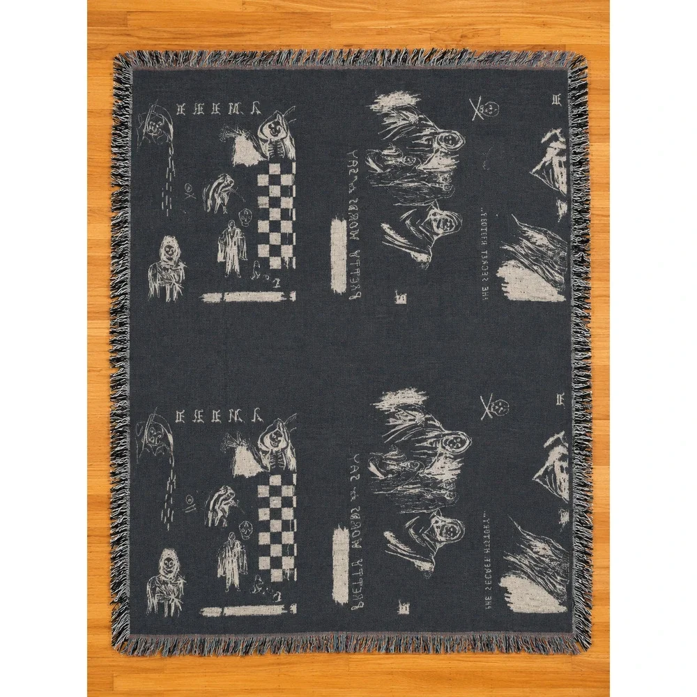 Gothic Woven Tapestry Throw Blanket Skull Grim Reaper Punk Art 80x60 Fringe